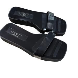 Authentic Gucci Black Leather Platform Slide Sandals Women’s Square Toe Italy